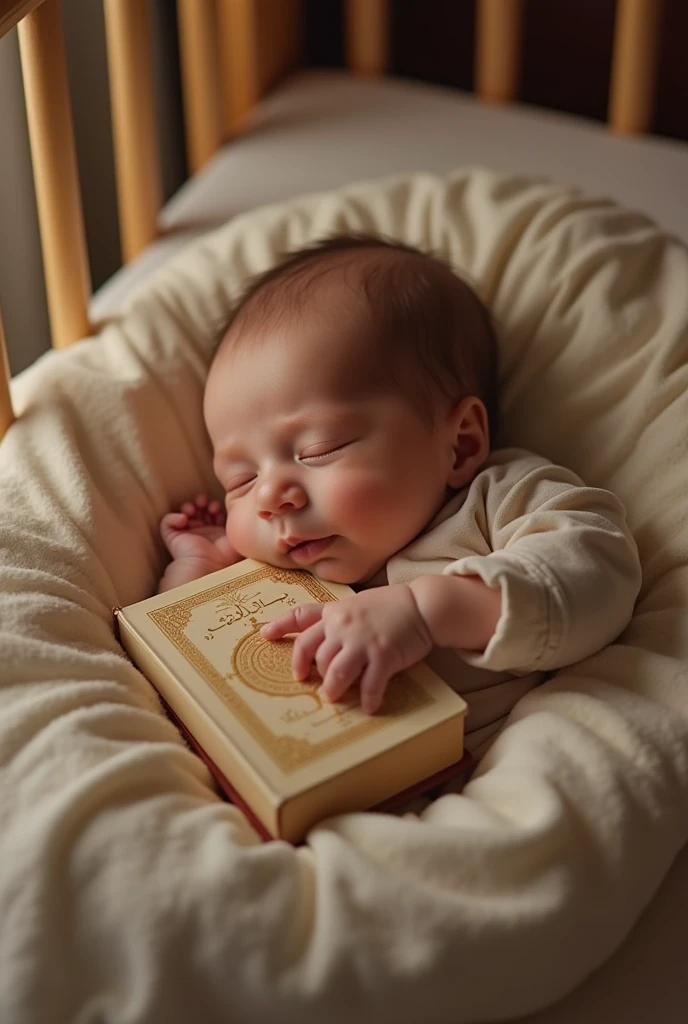 Muslim new born baby, having arab facial features, laying down in baby bed, closing his eyes, holding closed holy quran book to his chest, habing beautiful smile on his face, nice lightining in the room