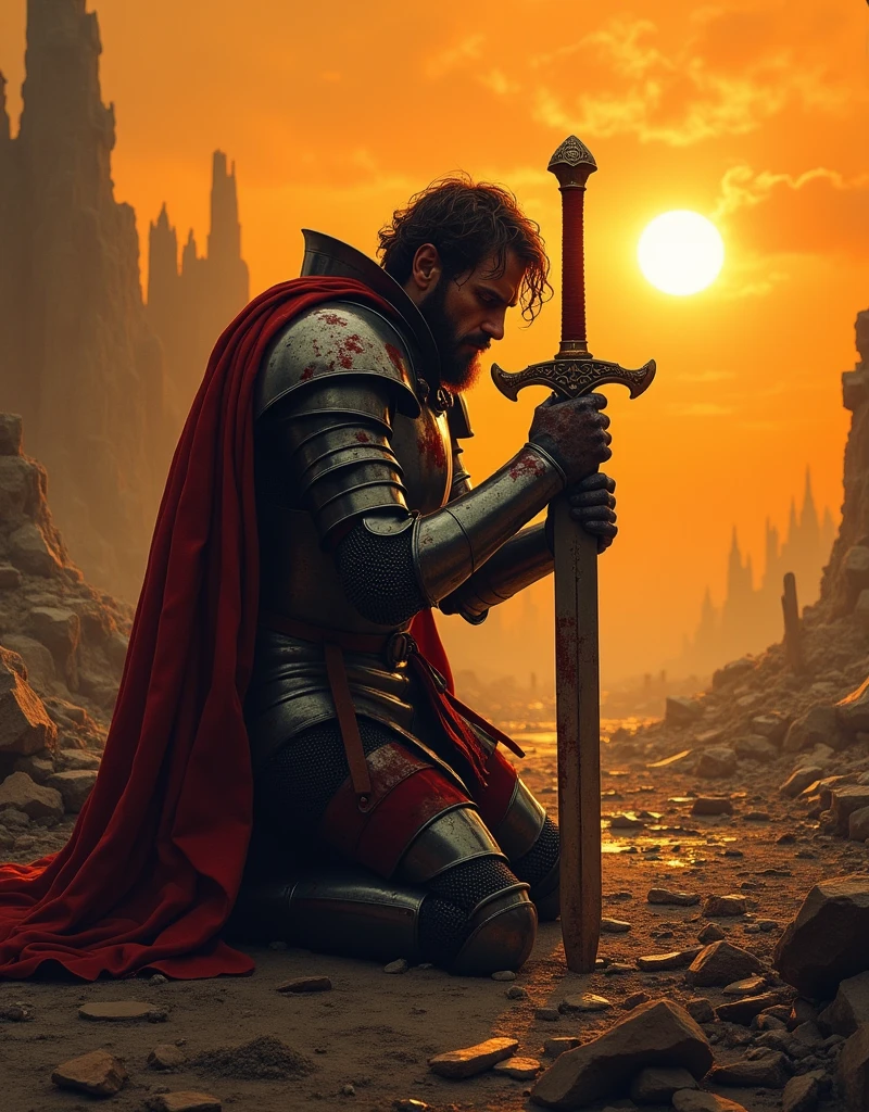 long shot, An old and exhausted knight in blood-stained armor kneels in a battlefield. he holds a chipped sword supported the ground. the sunset casting a orange glow on the scene. The ground beneath him is covered in rubble of battled, The knight's gaze is directed downwards, towards the sword he holds, The overall atmosphere of the image is hot and sad.extreme detail, intricate details, masterpiece.