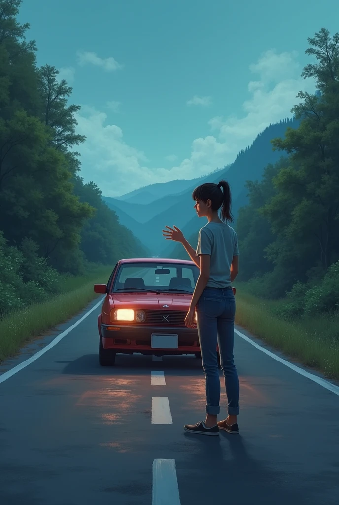 Woman in the middle of the road with mechanical failure
