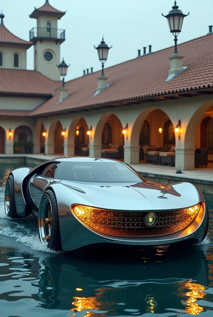 Car with a rudder instead of a steering wheel, sofa seats, solar lamps in lighthouses, tiles on the roof, stained glass in the windows.