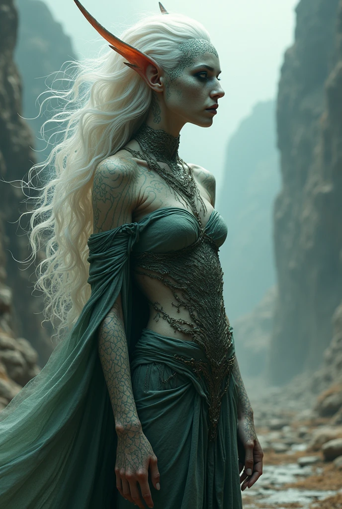 of a long white haired elf, dragon scale skin with souls in the eyes, dressed in torn clothes rags imposing:   