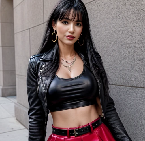 1 woman 30 years old, One, long straight black hair, bang,I look at the viewer, detailed eyes, shy smile,Jewelry, medium breast, earrings,belt, blue leather jacket over a tight red t-shirt,mini skirt,sheer white tights,NECKLACE, bracelet, lips,((Dynamic angle)),