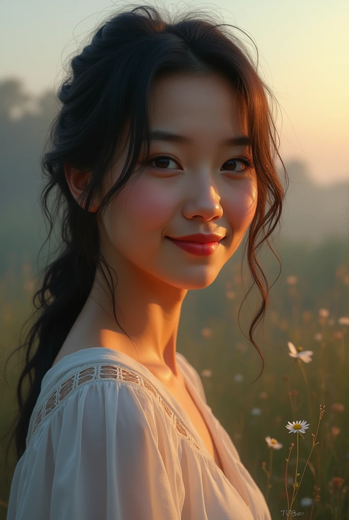 Woman smile in the dusk, painting style