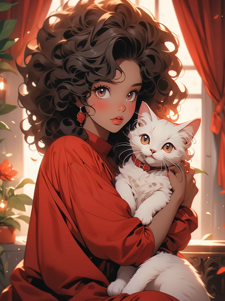 A young black-skinned woman with curly hair with eyes in a red outfit holding a cat in her arms