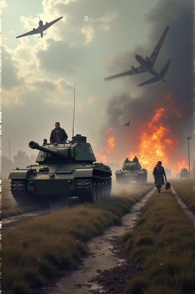 German tanks cross the Polish border while planes bomb from the sky. Civilians fleeing combat zones.