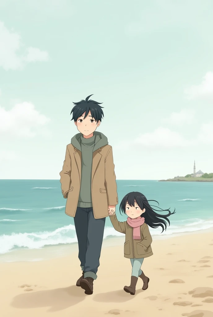 Un padre alto con cabello negro y light skinned junto a su hija de cabello negro y largo, light skinned. Both walking along the beach on a winter day in anime style