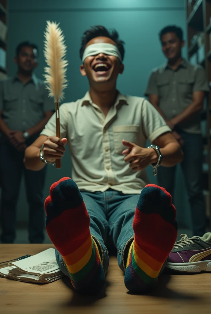 Malaysia malay handsome 18 years student 
He laugh very hard
His hand tied up  in warehouse 
Blindfolded
Hand handcuff
Expensive outfit
Focus feet on desk
feather duster on desk
Take off shoes on desk 
Puma shoes on desk
Rainbow stinky sock
2 man holding feather  duster 
