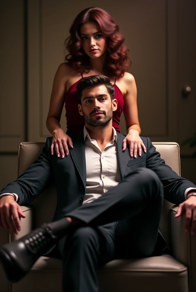 A young, attractive man in an elegant suit, exuding virility and dominance, sitting in a modern chair with his feet crossed. He has a confident and charismatic expression, well-groomed hair, and a captivating, predatory gaze, with a woman's underwear hanging playfully between his teeth.a sexy curvy girl standing behind him, dressed in a red wine dress, her hands resting on the man's shoulders. The lighting highlights his face and suit, creating a sophisticated and powerful atmosphere