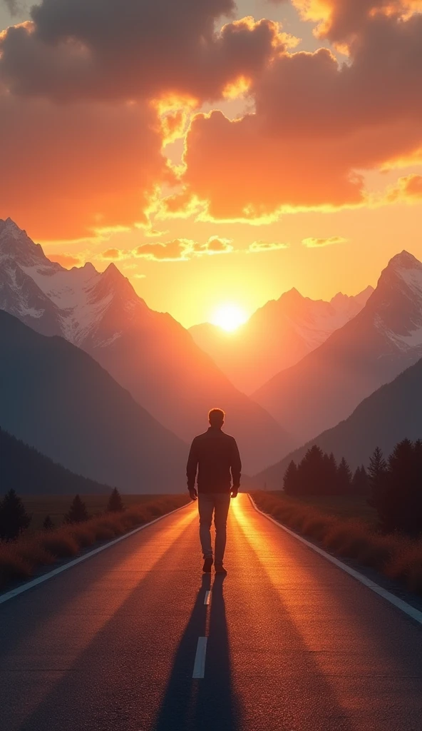 Ultrarealistic 8k Image. Path of SuperAction: "A man walking alone on a long, winding road, at sunset, surrounded by mountains in the distance. He's got his head held high, with an expression of determination on his face. The orange and golden colors of the sky light the path ahead of you, symbolizing hope and renewal."
