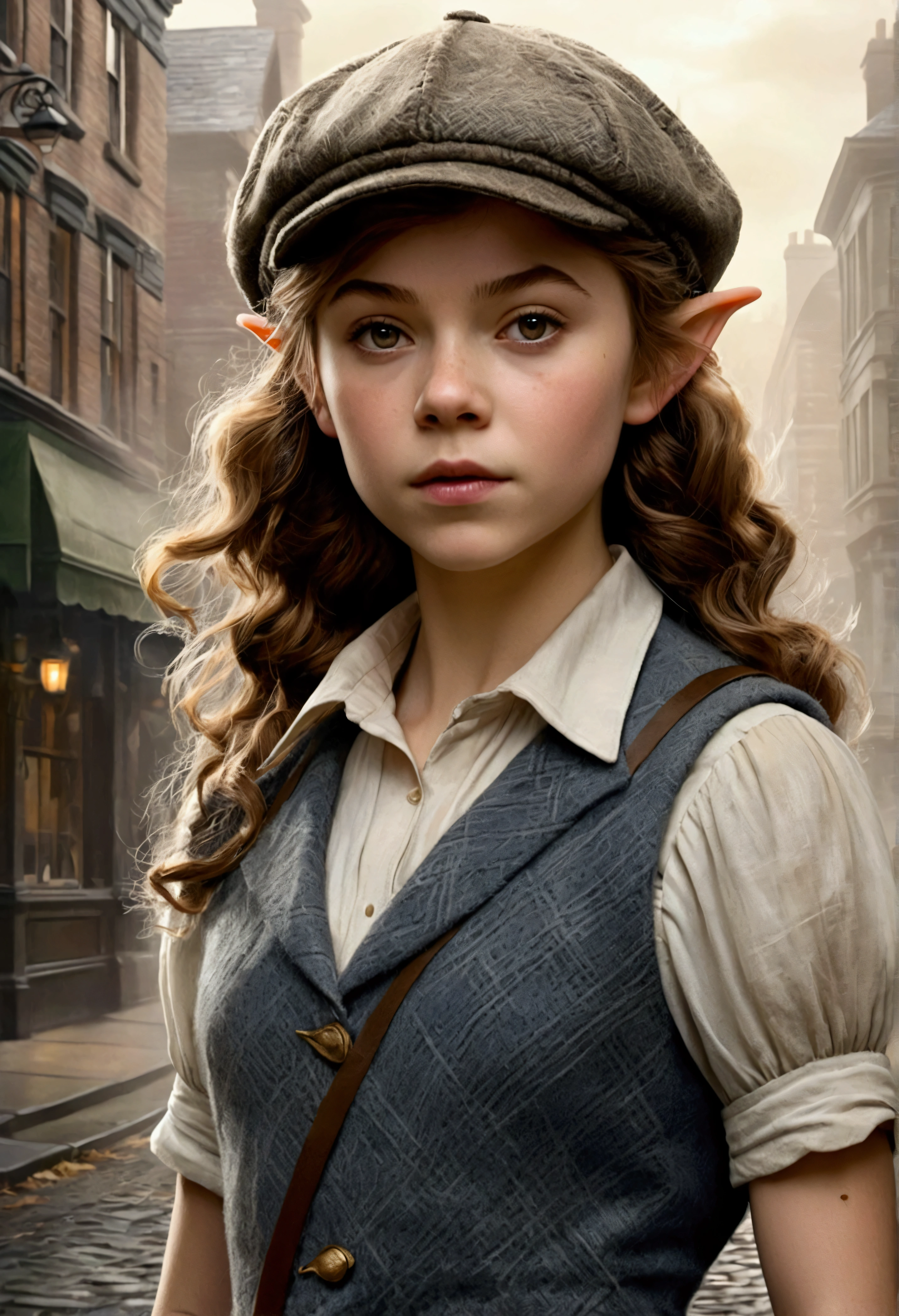 An illustrated movie poster, hand-drawn, full color, a age elven girl, wearing a tweed vest and a newsie cap, athletic hourglass figure, long pointy elf ears, dark hair, messy shaggy bob cut, rosy skin, freckles, resembles Margaery Tyrell, standing on a foggy victorian-era street corner, graphite shading, stencil marks, airbrushed acrylic paint, masterpiece, in the style of the Sherlock Holmes, elf ears