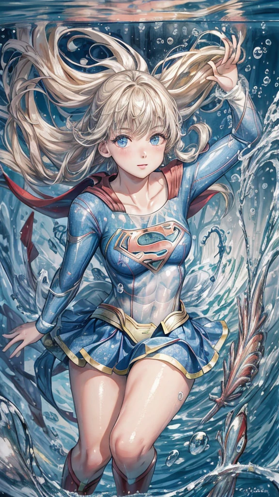 Abstract background,(shape:1),masterpiece,Highest quality,Detailed face and eyes,1 girl,The physics of hair in water,Air bubbles,Light passing through water,reflection,Lying in the water,Separate the aqueous layer,School of fish,beauty,Supergirl