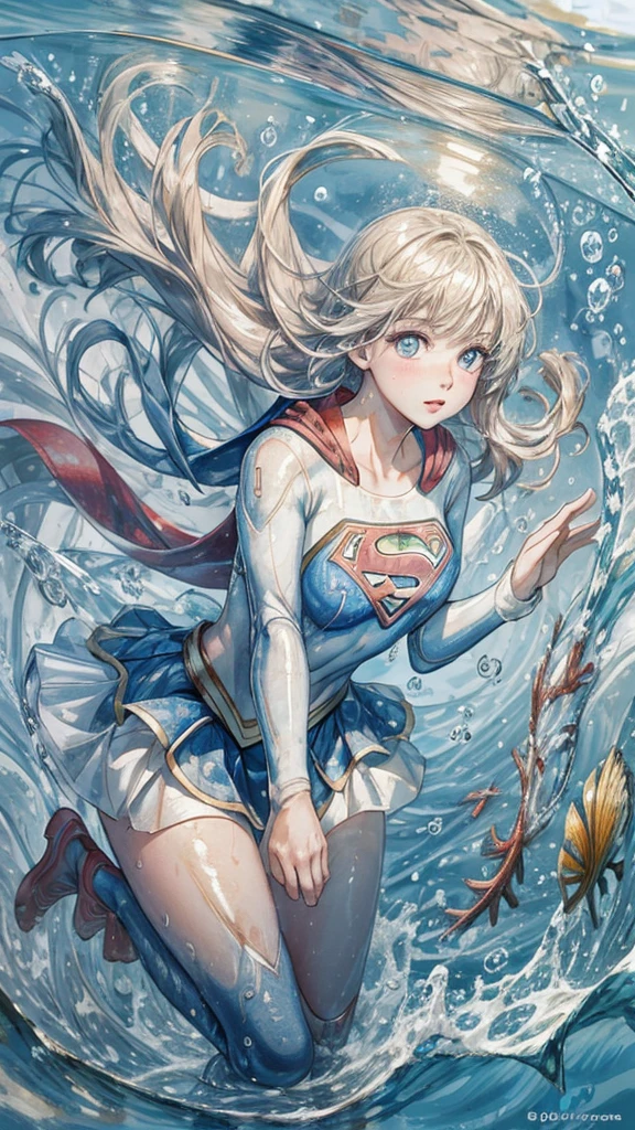 Abstract background,(shape:1),masterpiece,Highest quality,Detailed face and eyes,1 girl,The physics of hair in water,Air bubbles,Light passing through water,reflection,Lying in the water,Separate the aqueous layer,School of fish,beauty,Supergirl