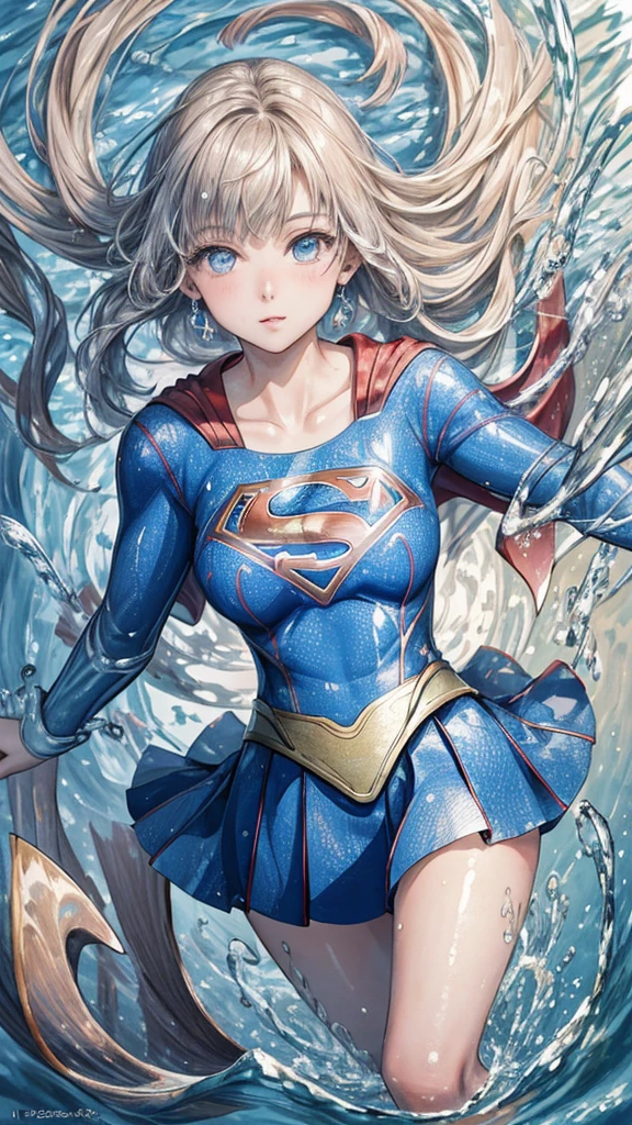 Abstract background,(shape:1),masterpiece,Highest quality,Detailed face and eyes,1 girl,The physics of hair in water,Air bubbles,Light passing through water,reflection,Lying in the water,Separate the aqueous layer,School of fish,beauty,Supergirl