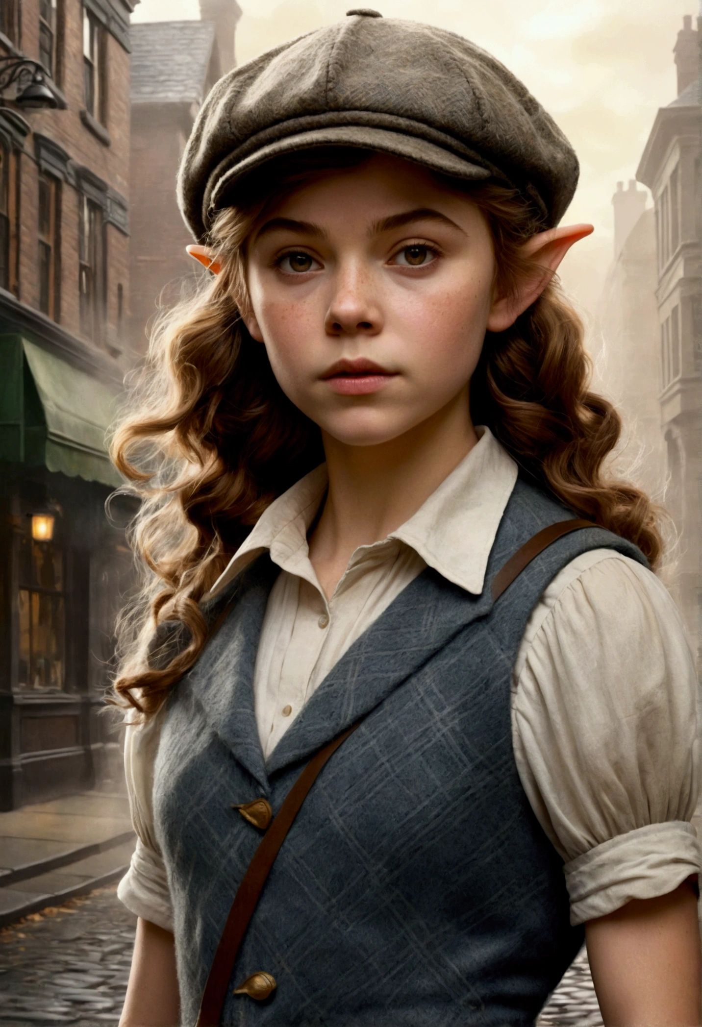 An illustrated movie poster, hand-drawn, full color, a teenage elven girl, wearing a tweed vest and a newsie cap, athletic hourglass figure, long pointy elf ears, dark hair, messy shaggy bob cut, rosy skin, freckles, resembles Margaery Tyrell, standing on a foggy victorian-era street corner, graphite shading, stencil marks, airbrushed acrylic paint, masterpiece, in the style of the Sherlock Holmes, elf ears