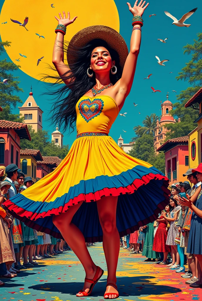 Create an image which is inspired by the art of Mr Brainwash, that it be colorful and have things that represent Colombia and not so much Shakira