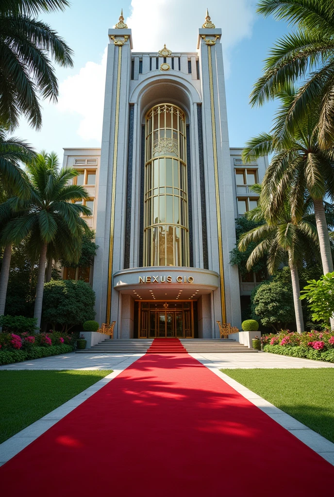 A luxurious, presidential standard company headquarters with the name NEXUS(CIIO) on it and red carpet on entrance with Singaporean architecture,grass, flowers and on it's own space and compound where is the name NEXUS (CIIO)