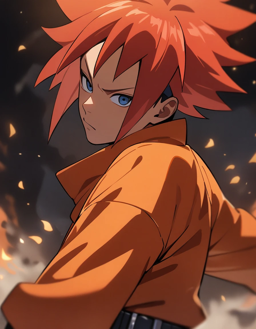 1boy, male focus, Karin Uzumaki, red hair, long hair, Naruto Shippuden, red Kimono, masterpiece, best quality, very aesthetic, art done by Masashi Kishimoto