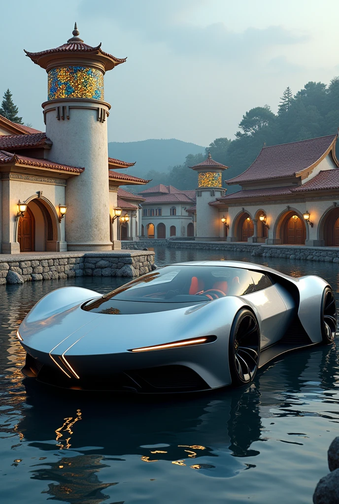 Car with a rudder instead of a steering wheel, sofa seats, solar lamps in lighthouses, tiles on the roof, stained glass in the windows.
