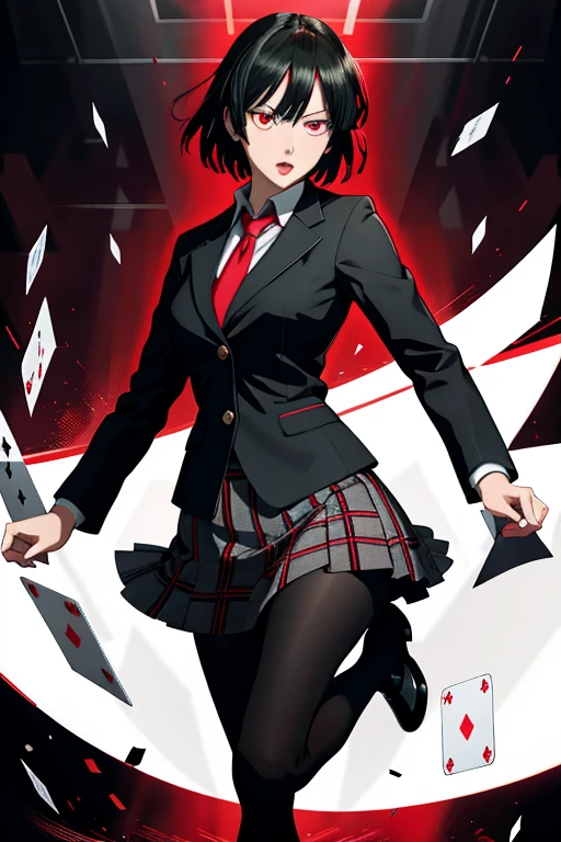 Yumeko Jabami from Kakegurui anime, red eyes, detailed school uniform with red coat, white shirt, gray plaid skirt, black tights and brown shoes, playing cards flying around, photorealistic, highly detailed, 8k, intricate, vibrant colors, dramatic lighting, dynamic composition