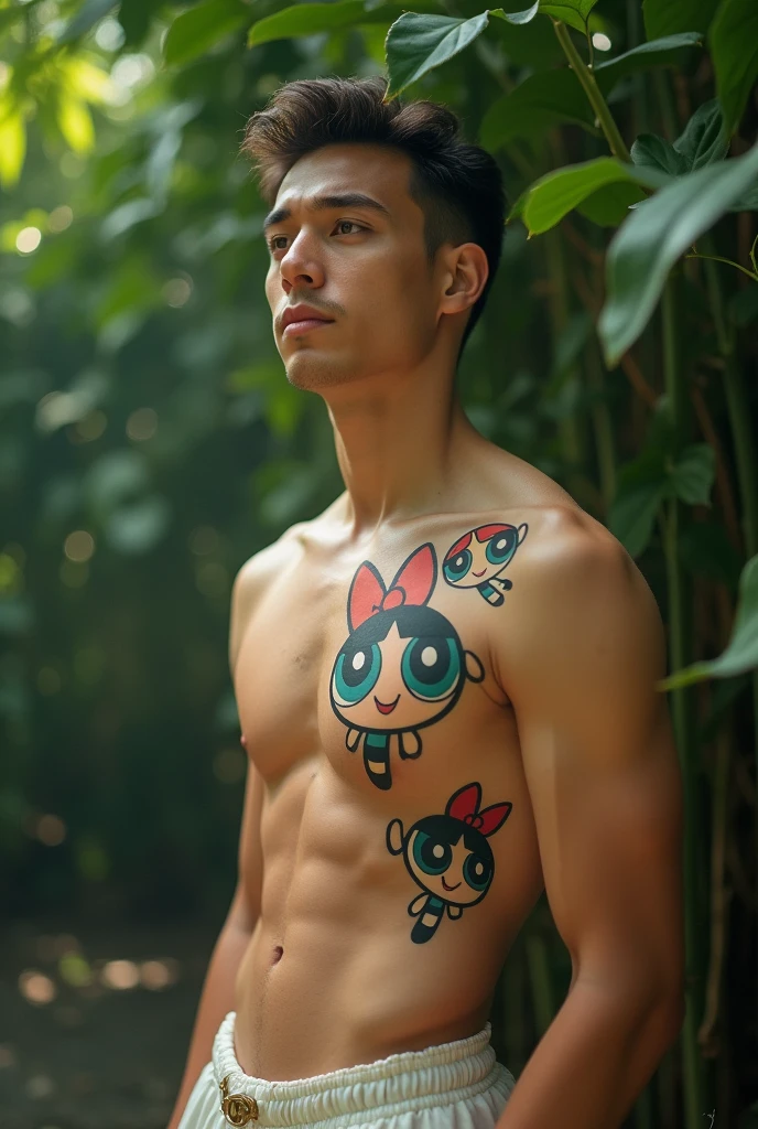 Image of a Natura beauty man with a delicate tattoo of the three powerpuff girls