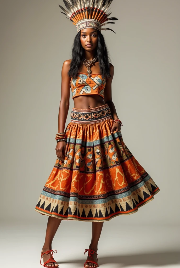 A design with volume in fabric can be a short skirt with a crop top inspired by Guane ceramics with a headdress on the head.