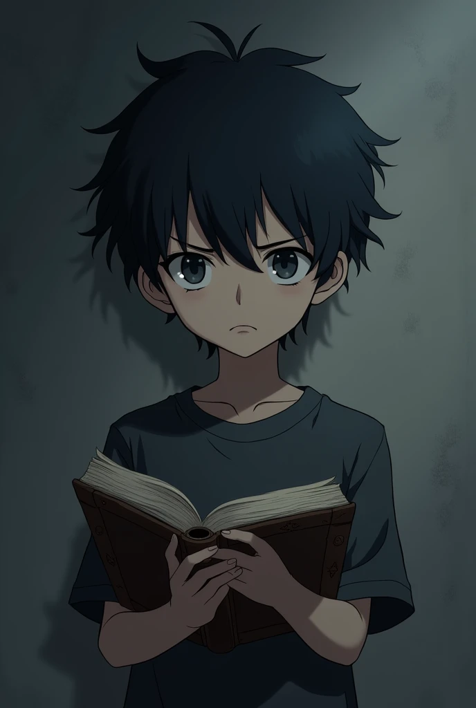 To a black-haired boy in anime style, With a book in hand, I feel older and less kwai, the atmosphere is darker