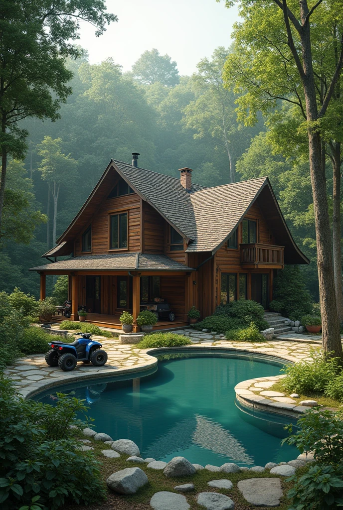 Make a couple's house ( gabriel and giovana ) who dream of having 3 children and living in a big house with a forest just for them, a house inside a forest just for them and that has a lake instead of a pool but in the shape of a pool and with quad bikes and big cars in the garage of the 3 children, make them the middle one about , white with black hair, the oldest boy is , blond, white, with brown eyes and the youngest is dark-haired, with blue eyes,