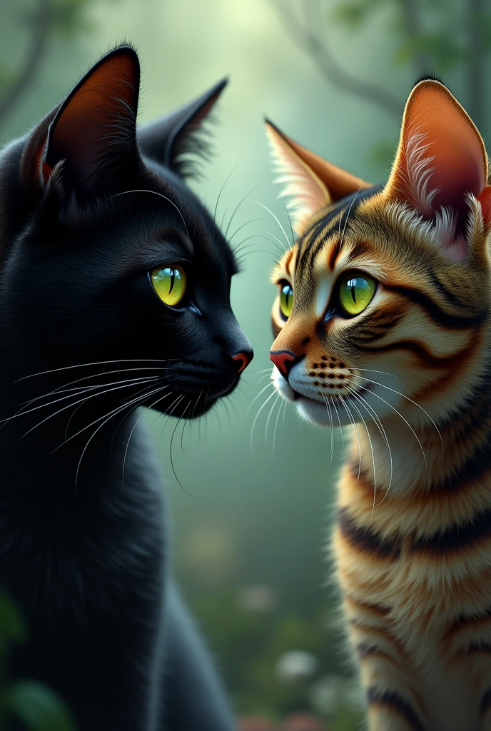 A black cat and a tabby cat, both with greenish-yellow eyes.