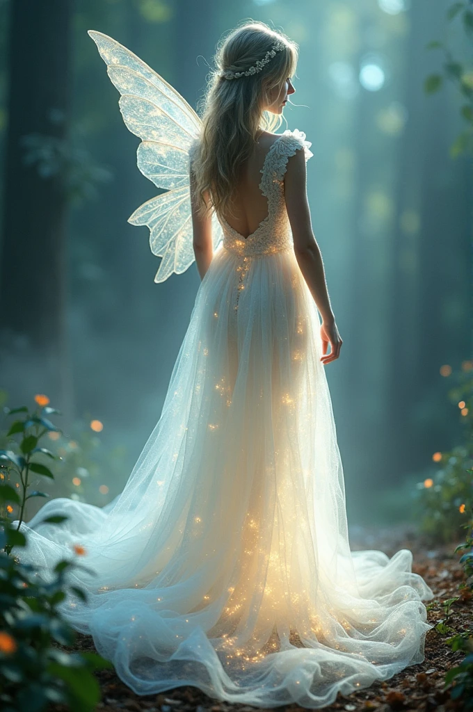Imagine an ethereal fairy dress without many embellishments but shiny but completely white and at the same time translucent like fairy dust