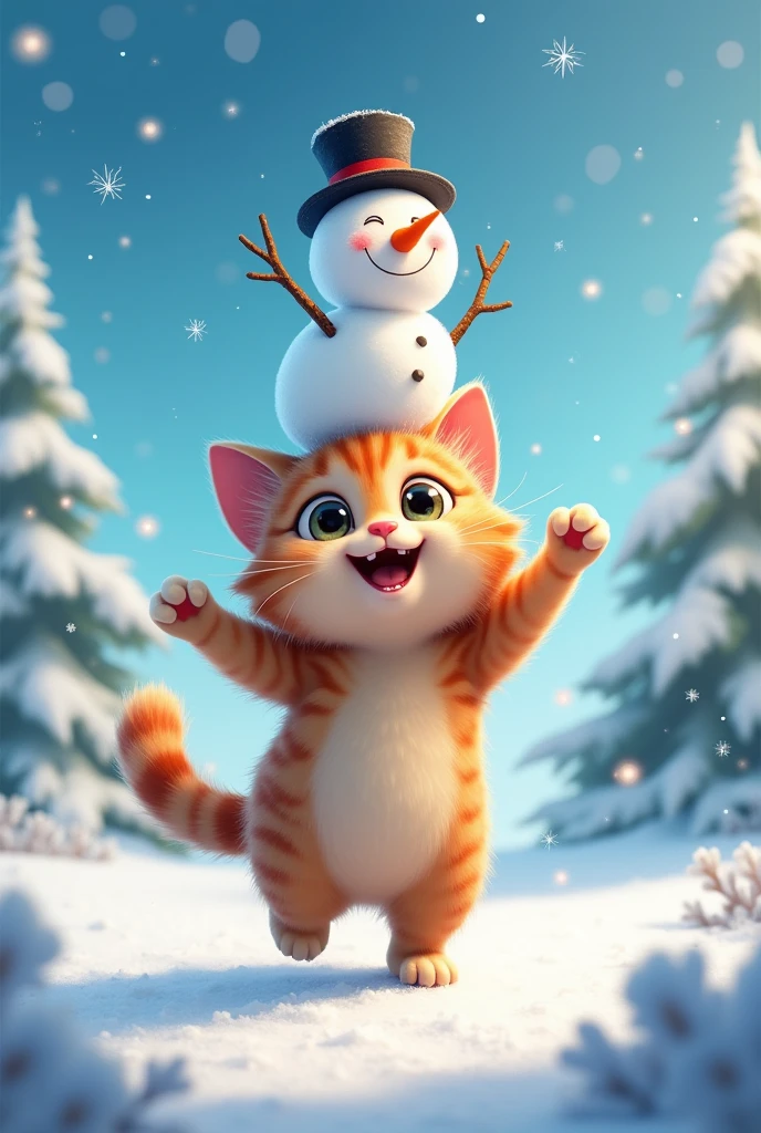 Cat with a snowman on its head、cute dancing together 