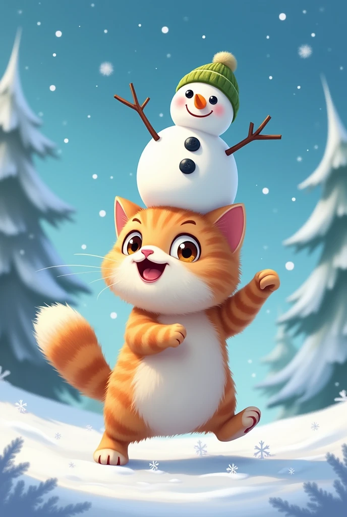 Cat with a snowman on its head、cute dancing together