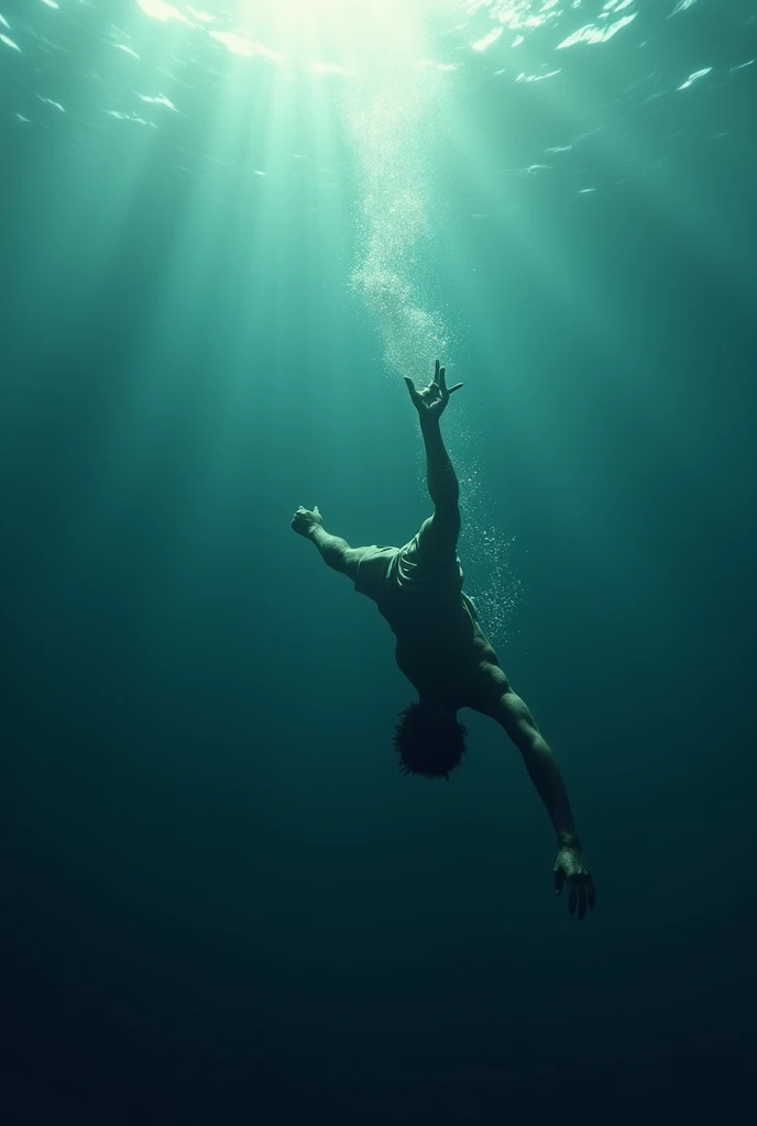 Man falling into the depths of the sea body lying down (with one hand up)