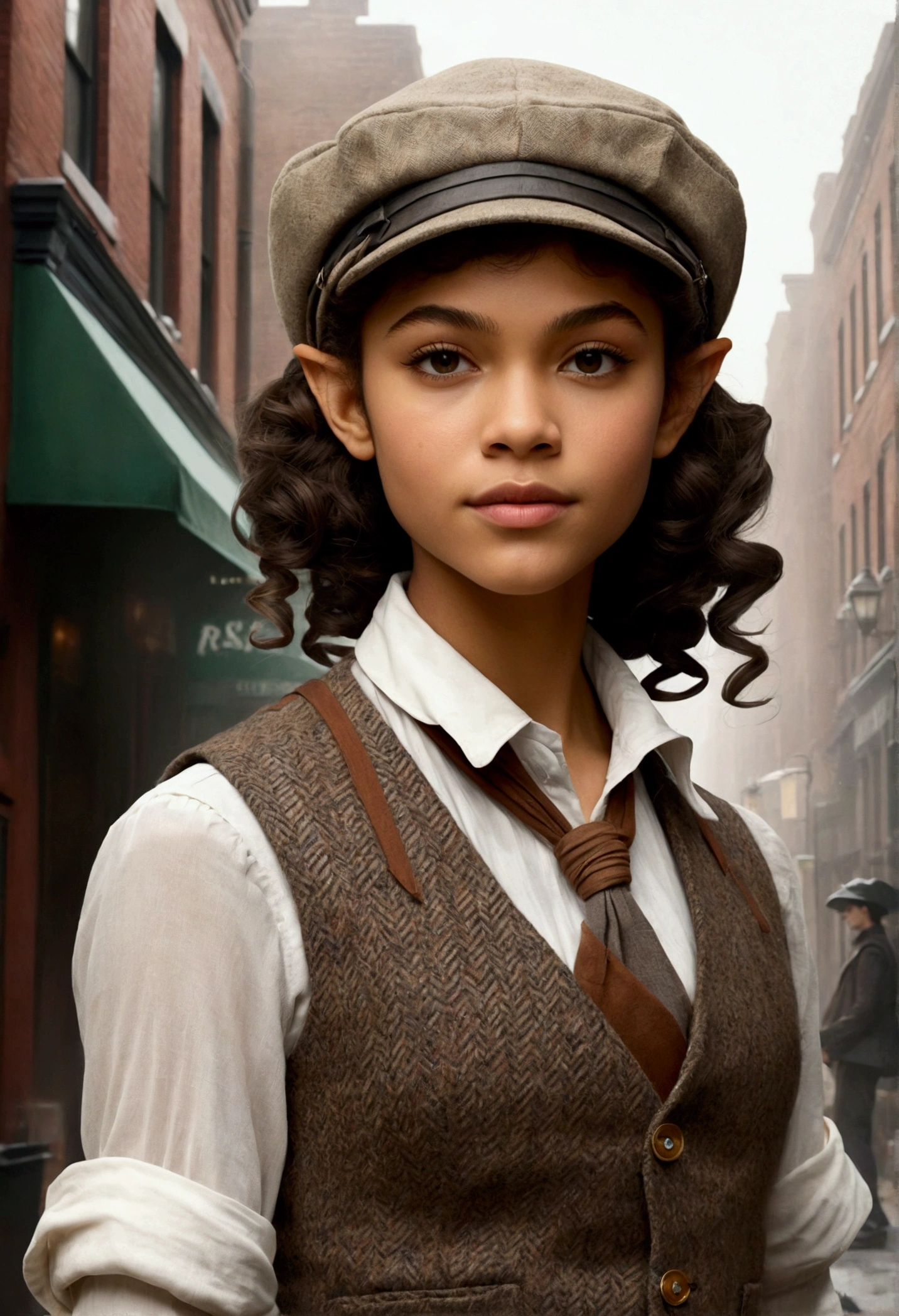 An illustrated movie poster, hand-drawn, full color, a age elven girl, wearing a tweed vest and a newsie cap, athletic hourglass figure, long pointy elf ears, dark hair, curly bob cut, warm almond skintone, resembles Zendaya, standing on a foggy victorian-era street corner, graphite shading, stencil marks, airbrushed acrylic paint, masterpiece, in the style of the Sherlock Holmes, elf ears