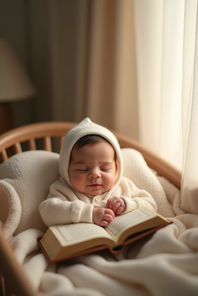 Muslim new born baby, with arabic facial features, laying down in baby bed, closing his eyes,  holding closed holy quran book to his chest, beautiful smile on his face, nice lightining in the room , baby is in the center of the room.