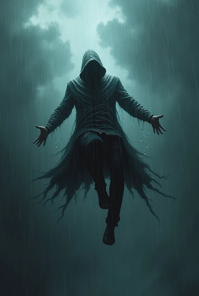 Hooded man falling from the sky raining
