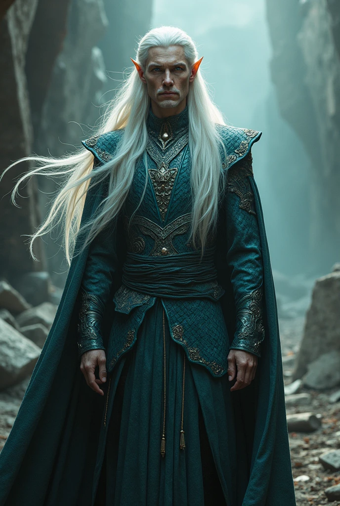 of an elven man with long white hair, dragon scale skin with souls in the eyes, dressed in torn clothes, rags, Stately: