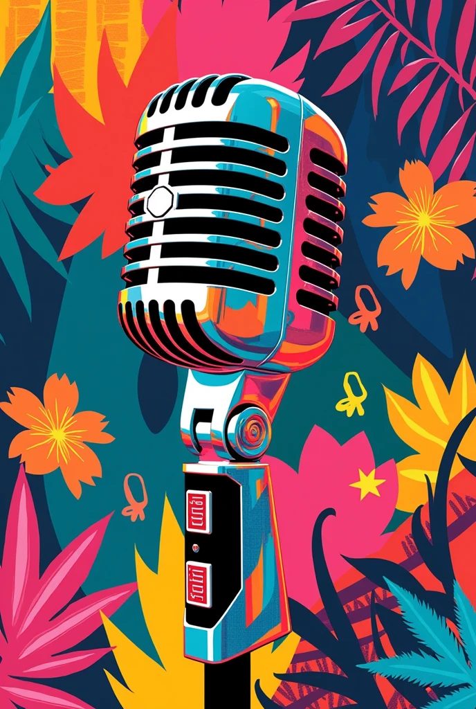 Create an image which is inspired by the art of Mr Brainwash, that it is colorful and has things that represent Colombia (no people ) and this not so big Shakira with a microphone