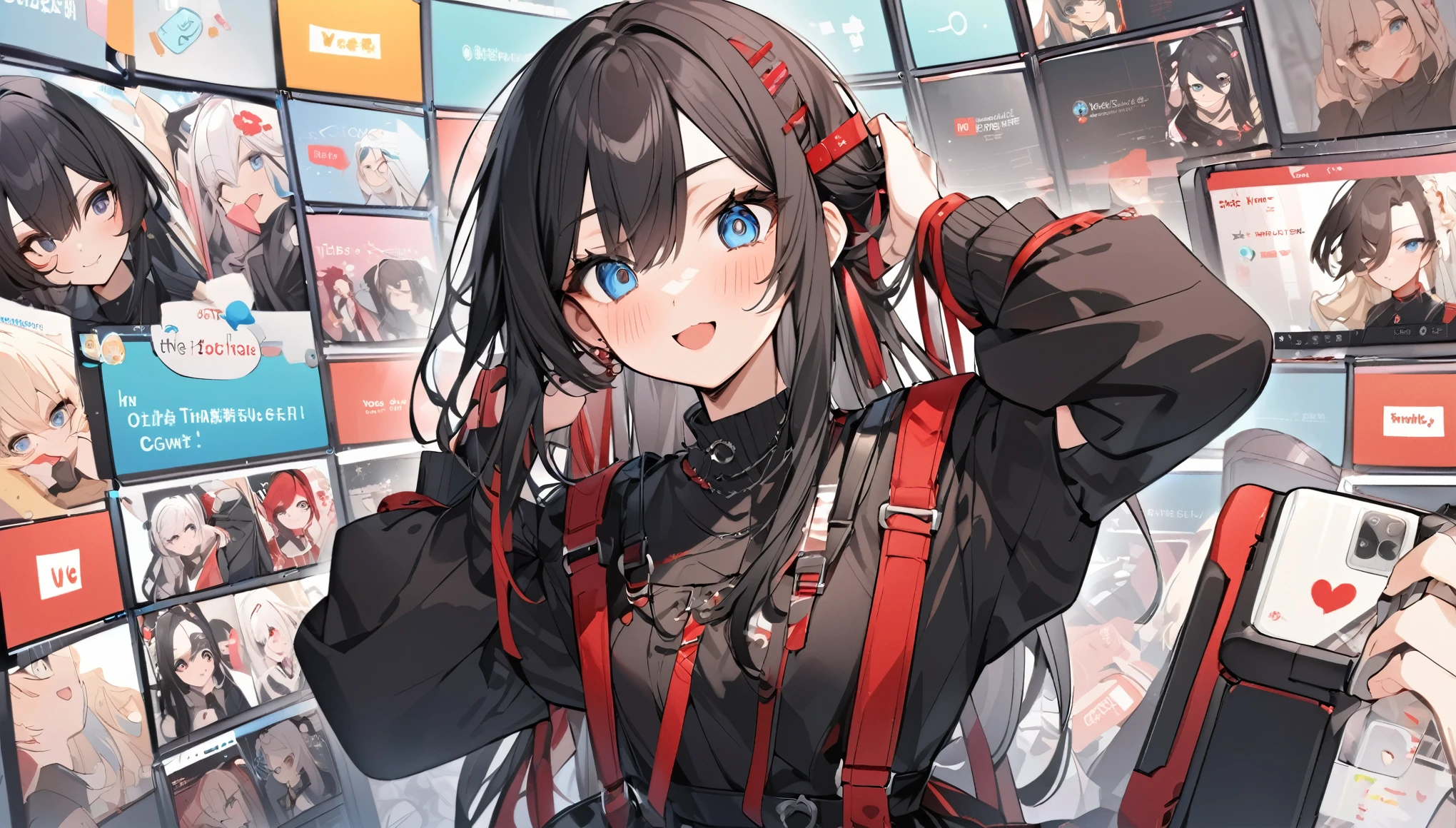 A Vtuber livestream scene featuring a Japanese Vtuber with long black hair and blue eyes, wearing a black outfit with some red accents and multiple accessories. The Vtuber has a serious yet slightly playful expression and is adjusting her hair with both hands. The screen shows the Vtuber on the right side, with a lively chat box on the left side, where messages in English and Japanese are visible. The top left corner has the Vtuber’s Twitter handle and hashtag, while the top right displays the current time as 21:53. The overall style is modern and clean, capturing the essence of a real-time Vtuber interaction with a large audience.
