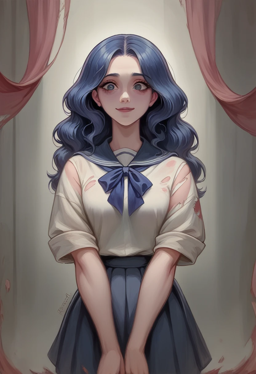 "A quiet and ethereal teenage girl with medium-length dark blue hair and hollow, haunting eyes, wearing a school uniform that appears faded and torn. She is standing and looking at the camera with a ghostly smile, her hands folded neatly in front of her. She died from an unknown cause while alone in the art room, and her ghost now resides there, surrounded by unfinished paintings that come to life after dark." visual novel character