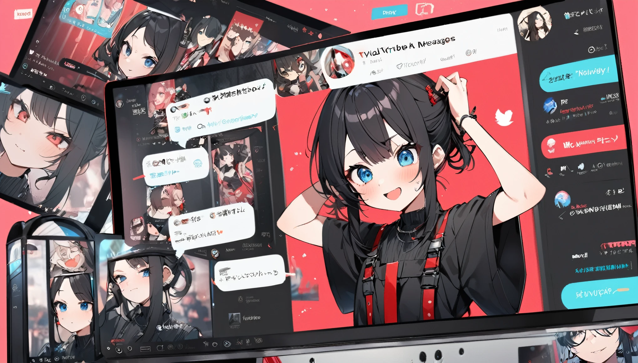 A Vtuber livestream scene featuring a Japanese Vtuber with long black hair and blue eyes, wearing a black outfit with some red accents and multiple accessories. The Vtuber has a serious yet slightly playful expression and is adjusting her hair with both hands. The screen shows the Vtuber on the right side, with a lively chat box on the left side, where messages in English and Japanese are visible. The top left corner has the Vtuber’s Twitter handle and hashtag, while the top right displays the current time as 21:53. The overall style is modern and clean, capturing the essence of a real-time Vtuber interaction with a large audience.