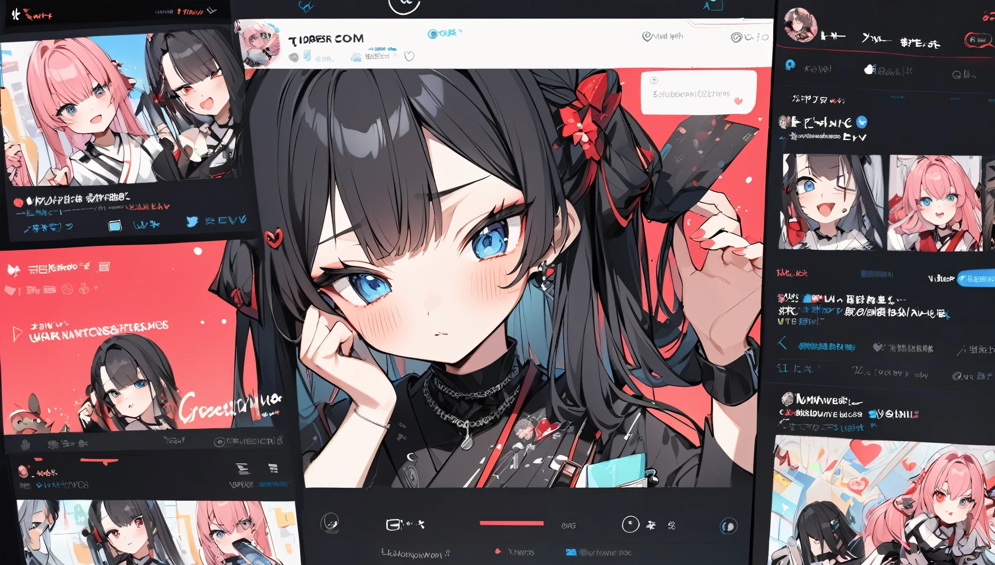 A Vtuber livestream scene featuring a Japanese Vtuber with long black hair and blue eyes, wearing a black outfit with some red accents and multiple accessories. The Vtuber has a serious yet slightly playful expression and is adjusting her hair with both hands. The screen shows the Vtuber on the right side, with a lively chat box on the left side, where messages in English and Japanese are visible. The top left corner has the Vtuber’s Twitter handle and hashtag, while the top right displays the current time as 21:53. The overall style is modern and clean, capturing the essence of a real-time Vtuber interaction with a large audience.