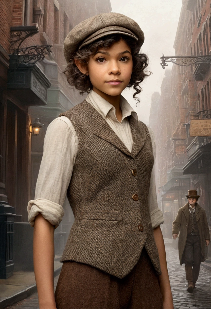 An illustrated movie poster, hand-drawn, full color, a age elven girl, wearing a tweed vest and a newsie cap, athletic hourglass figure, long pointy elf ears, dark hair, curly bob cut, warm almond skintone, freckles, resembles Zendaya, standing on a foggy victorian-era street corner, graphite shading, stencil marks, airbrushed acrylic paint, masterpiece, in the style of the Sherlock Holmes, elf ears