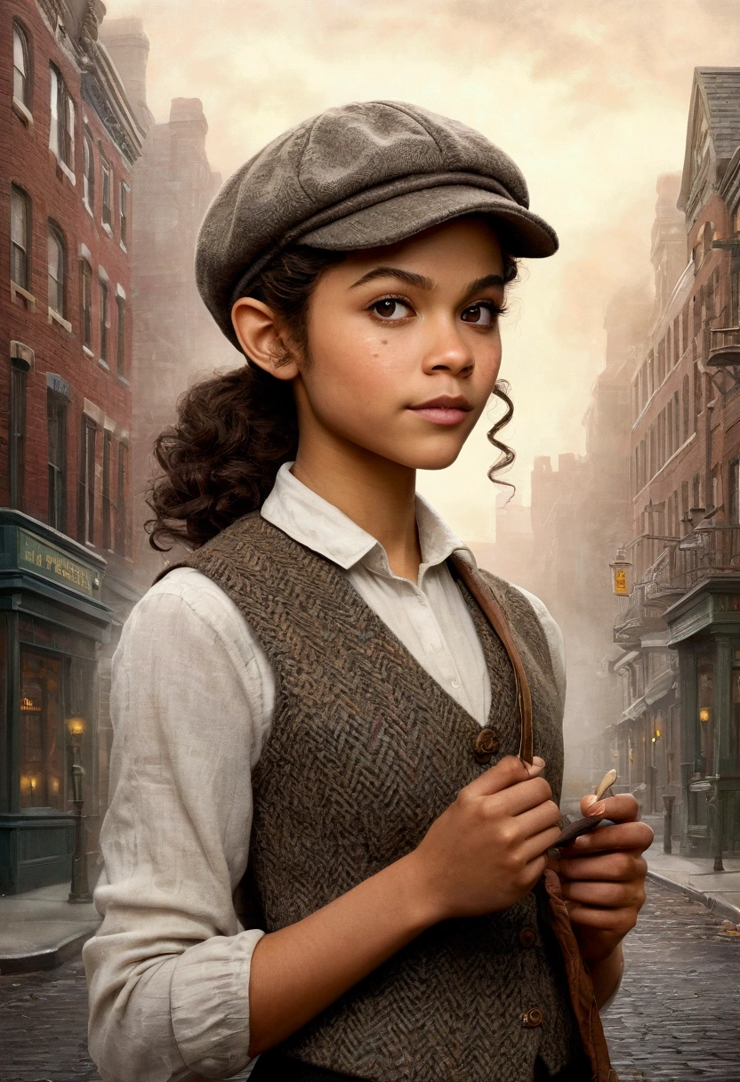 An illustrated movie poster, hand-drawn, full color, a teenage elven girl, wearing a tweed vest and a newsie cap, athletic hourglass figure, long pointy elf ears, dark hair, curly bob cut, warm almond skintone, freckles, resembles Zendaya, standing on a foggy victorian-era street corner, graphite shading, stencil marks, airbrushed acrylic paint, masterpiece, in the style of the Sherlock Holmes, elf ears