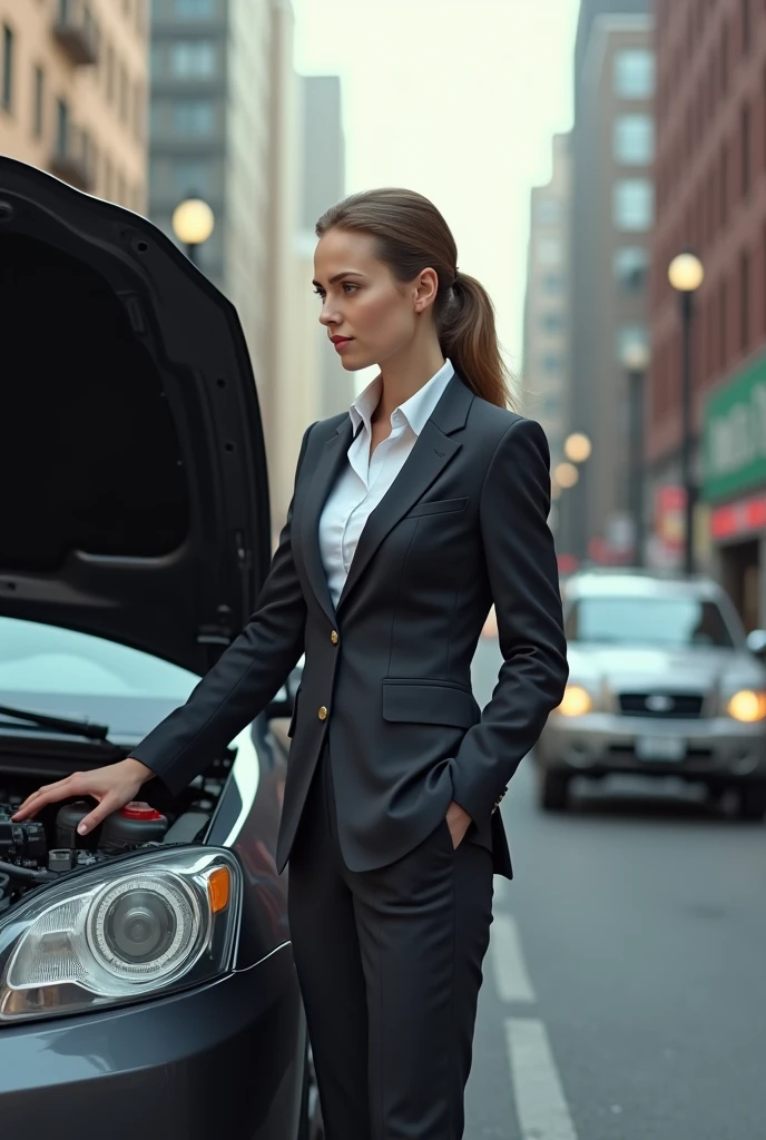 Realistic woman in the middle of a street in the United States with a mechanical failure