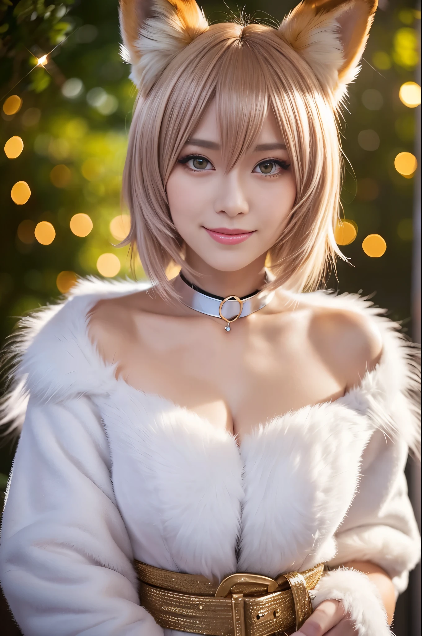 sexy swedish model, (-anime), only 1 model, very short hair, beautiful smile, lip-gloss, long lashes, defined eyebrows, long fur fox color scheme, ((long fur fox cosplay)), fox ears, fox tail, fox choker, look at the camera, cinematic light, (sparkling long fur background), sweet and sexy pose