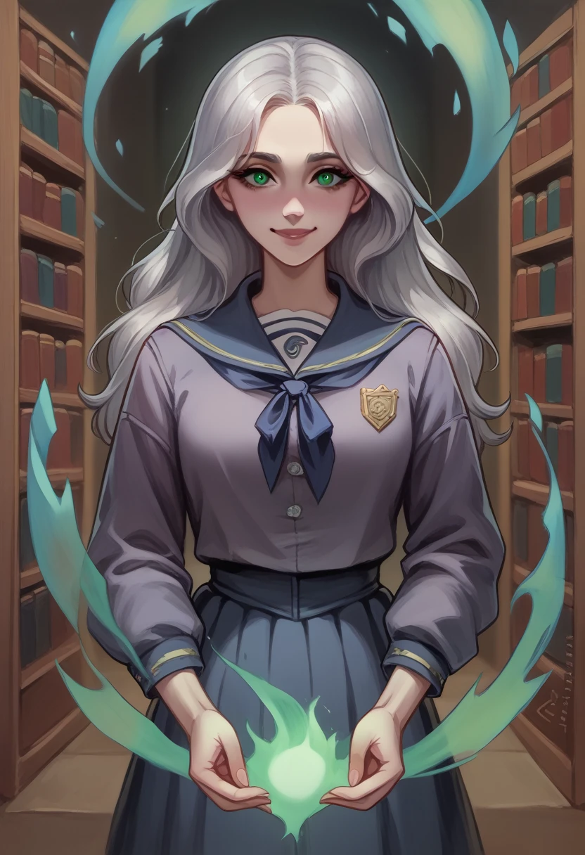 A mysterious teenage girl with long, straight silver hair and eerie, glowing green eyes, wearing a tattered school uniform that drifts as if moved by an unseen wind. She is standing and looking at the camera with a haunting smile, her form partially transparent. She carries a small, ghostly notebook, the pages turning on their own. She was a quiet student who died mysteriously in the library, and her spirit now guards its secrets." visual studio character
