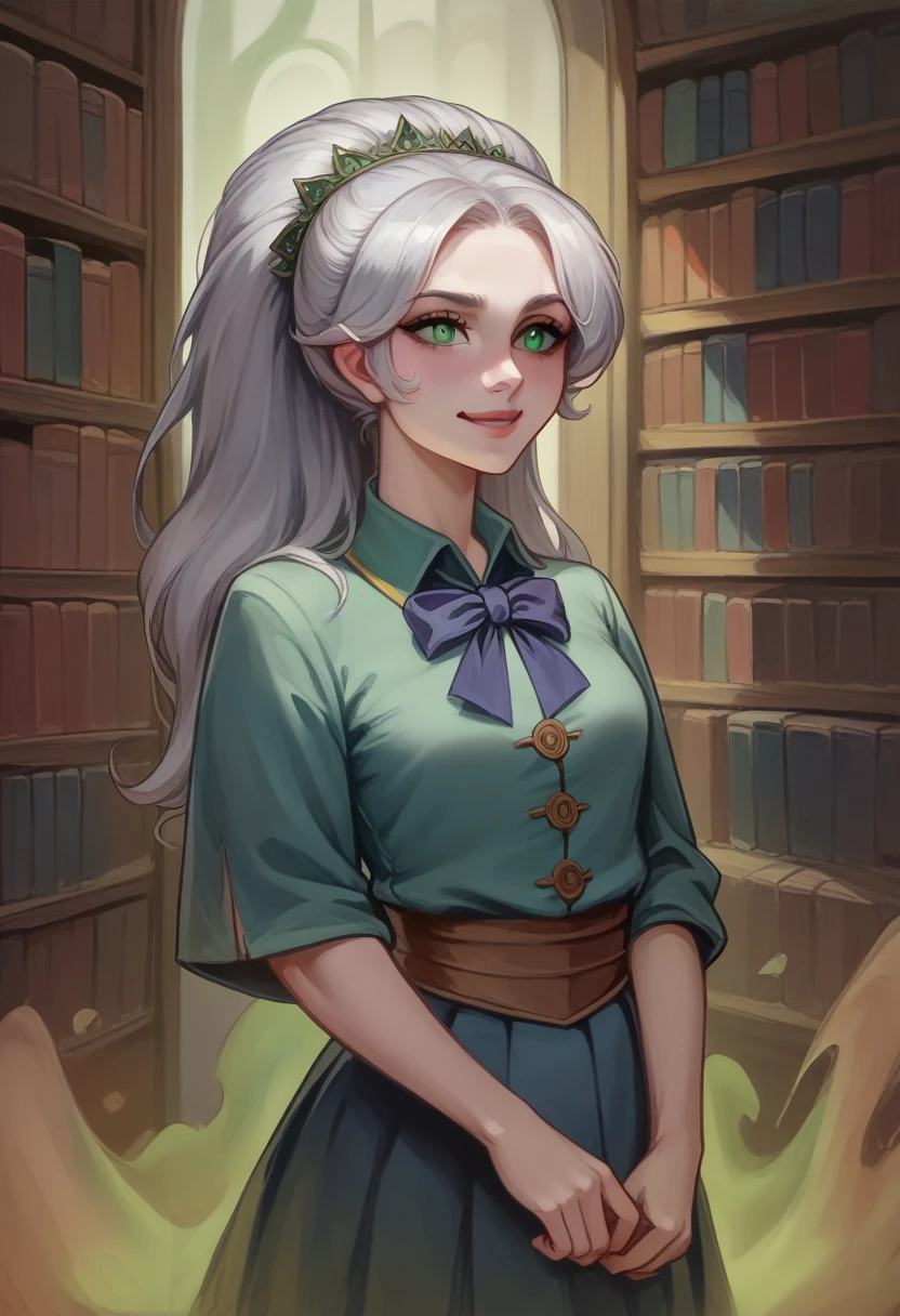 A mysterious teenage girl with long, straight silver hair and eerie, glowing green eyes, wearing a tattered school uniform that drifts as if moved by an unseen wind. She is standing and looking at the camera with a haunting smile, her form partially transparent. She carries a small, ghostly notebook, the pages turning on their own. She was a quiet student who died mysteriously in the library, and her spirit now guards its secrets." visual studio character