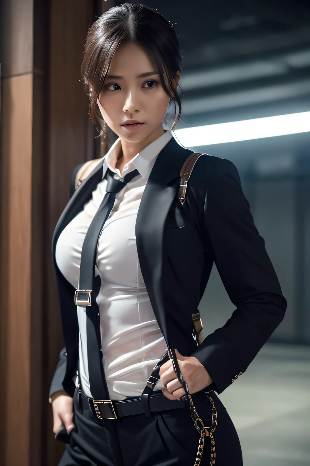 a woman in a suit, belt, hands behind back, sweating, suspenders, black pants, sexly, large breasts, see-through clothing, rain, detective, office worker, white button-up shirt, (best quality,4K,8k,highres,masterpiece:1.2),ultra-detailed,(realistic,photorealistic,photo-realistic:1.37),hyper-detailed,highly detailed face and body, Slender　thin　suspenders　Moderate breasts　See-through shirt　Nipples　holster　chain　Pistol　Armament　criminal　Female criminal　knife
