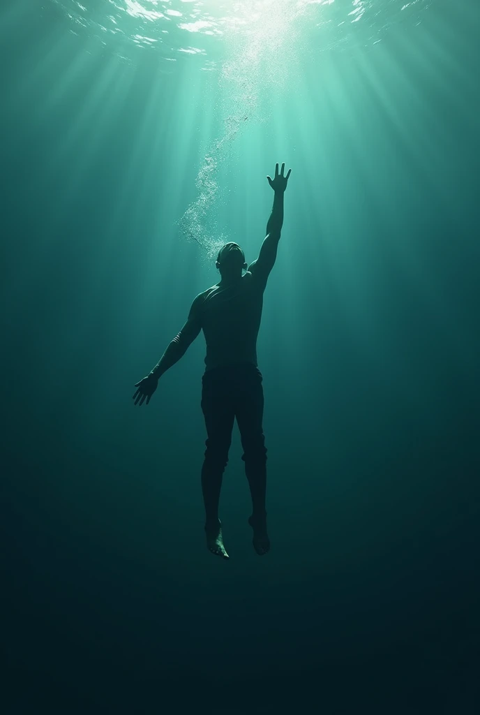 Man falling into the depths of the sea body lying down (with one hand up)