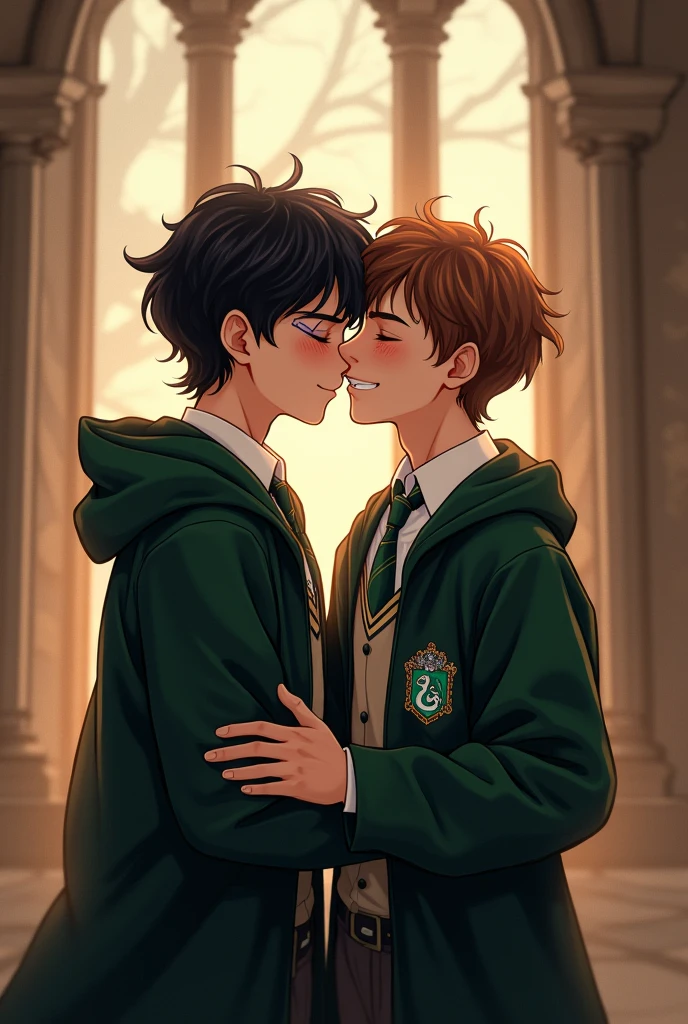 Gay couple + beautiful + Victorian era + hogwarts + Slytherin one boy with black curly hair + brown eyes + scar across left eye + tall + handsome + Korean + Irish + other boy with brown hair + brown eyes + freckles + slightly shorter + Scottish + Slytherin + in love + kiss + both boys + anime art style + hogwarts uniform + sweet